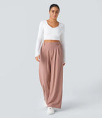 Damskie waflowe spodnie wide leg z wysokim stanem i kieszeniami