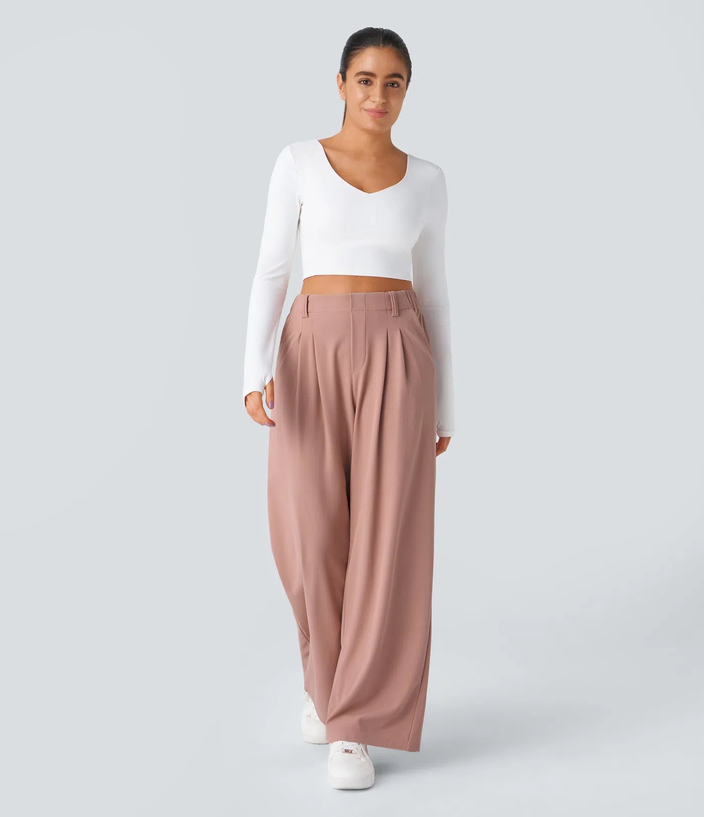 Damskie waflowe spodnie wide leg z wysokim stanem i kieszeniami