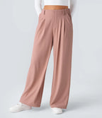 Damskie waflowe spodnie wide leg z wysokim stanem i kieszeniami